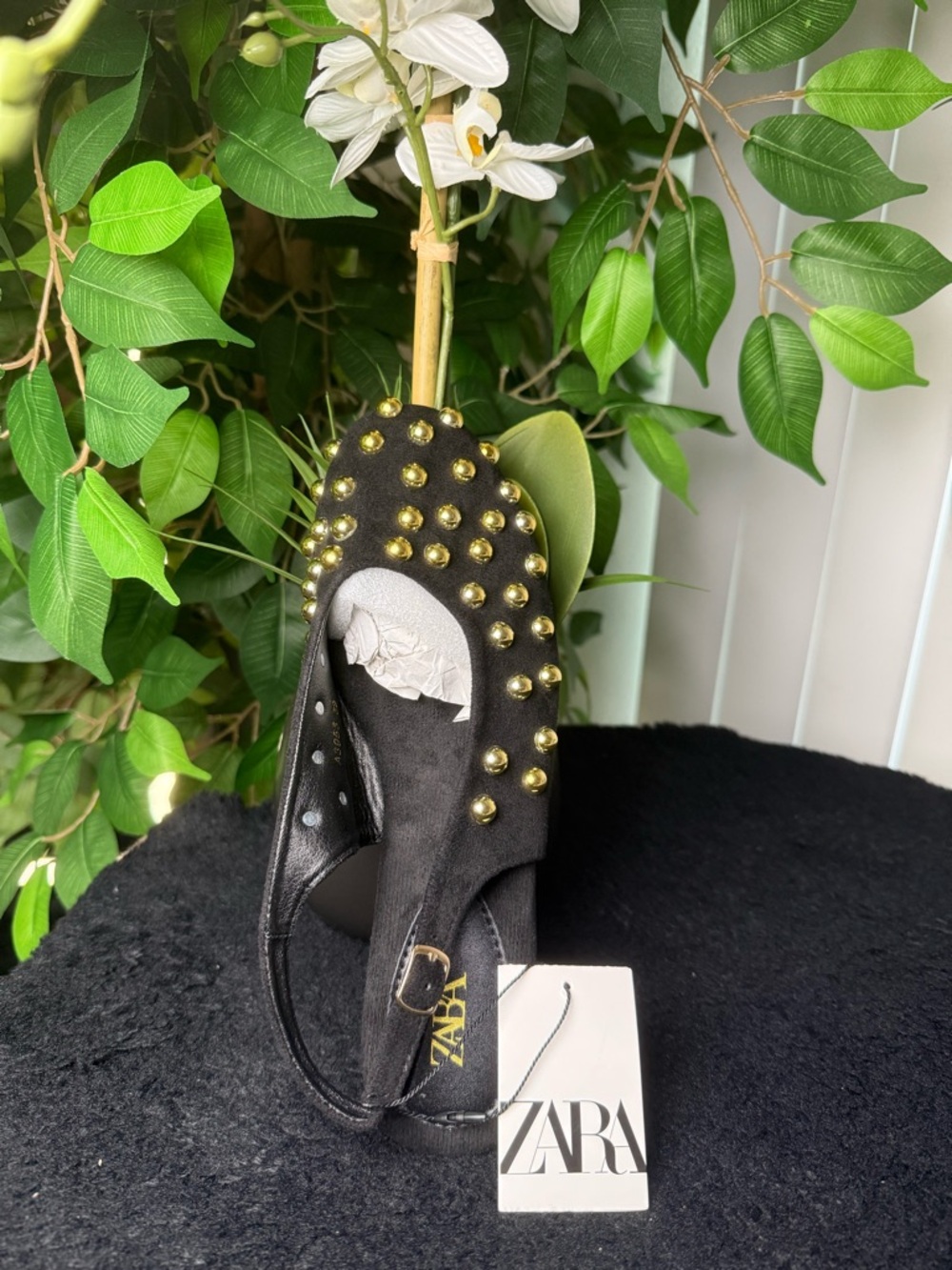 Black Suede Studded Slingback Mules with Gold Accents